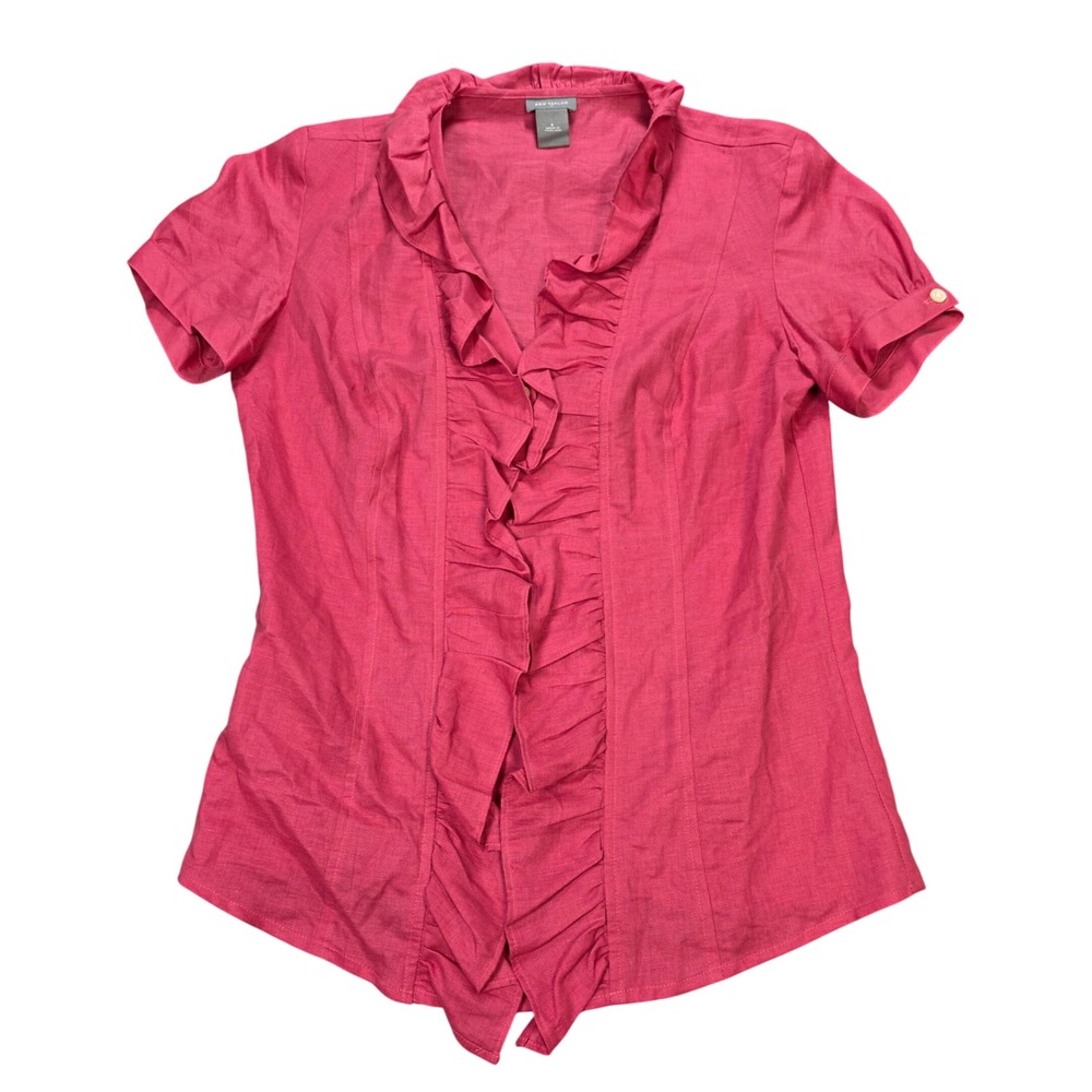 Ann Taylor Ruffle Front Blouse Women's Size 6 Pink Short Sleeve Linen Blend